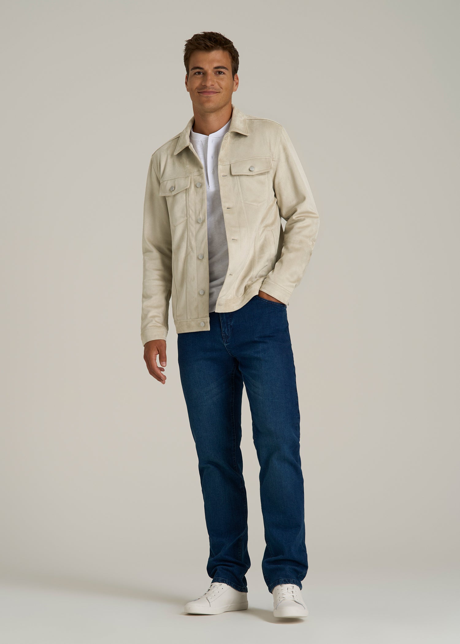 True Touch Suede Trucker Jacket for Tall Men in Overcast