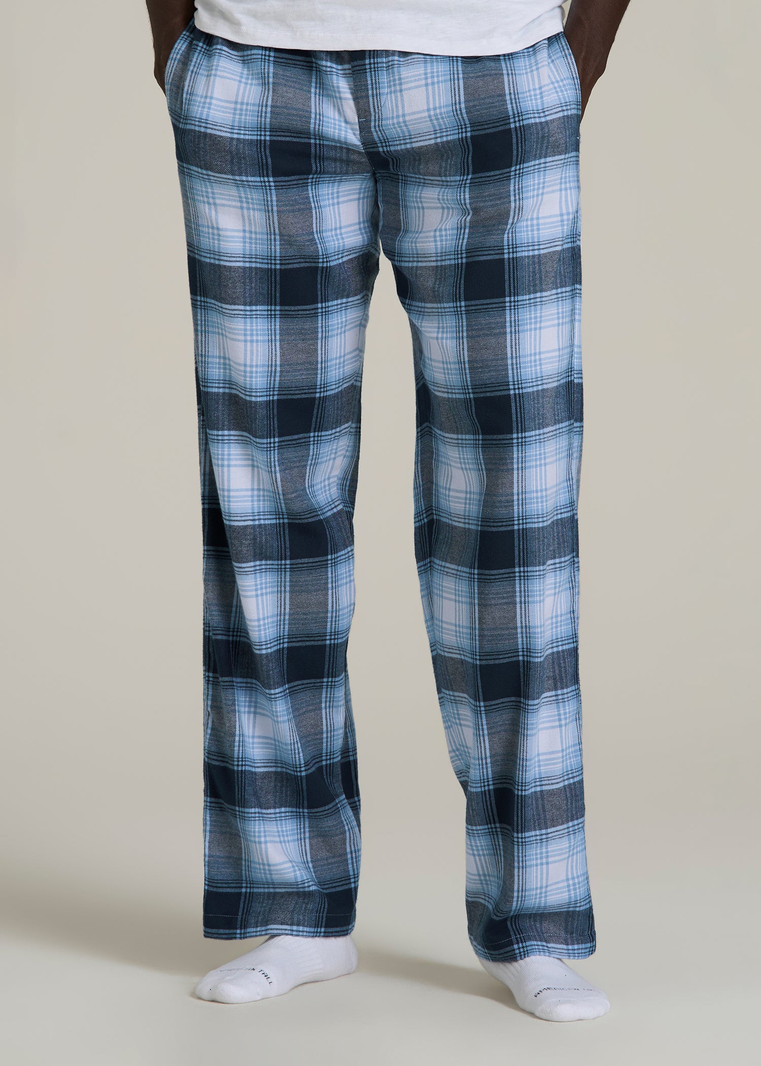 Flannel Pajama Pants for Tall Men in Blue and White Plaid