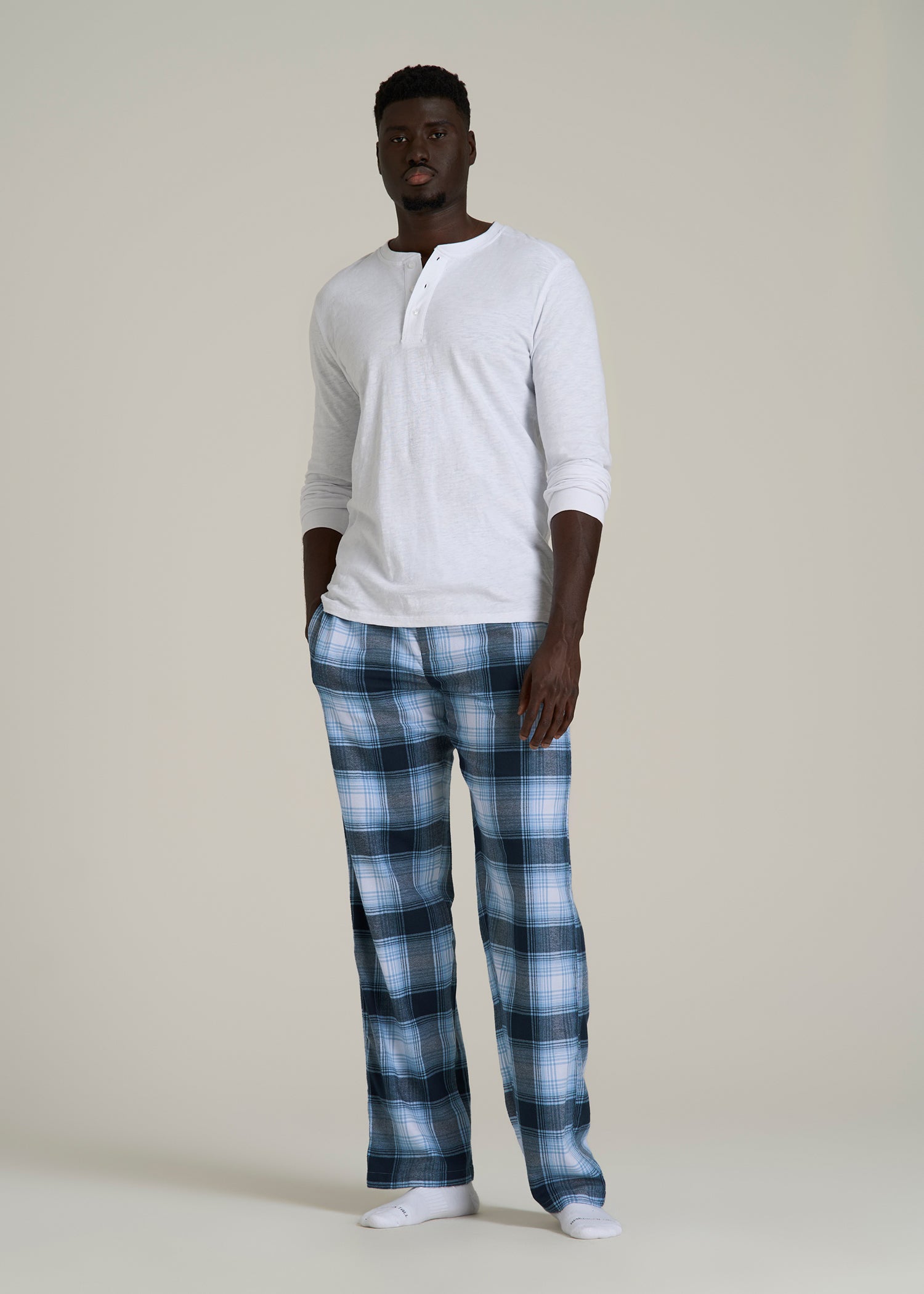 Flannel Pajama Pants for Tall Men in Blue and White Plaid