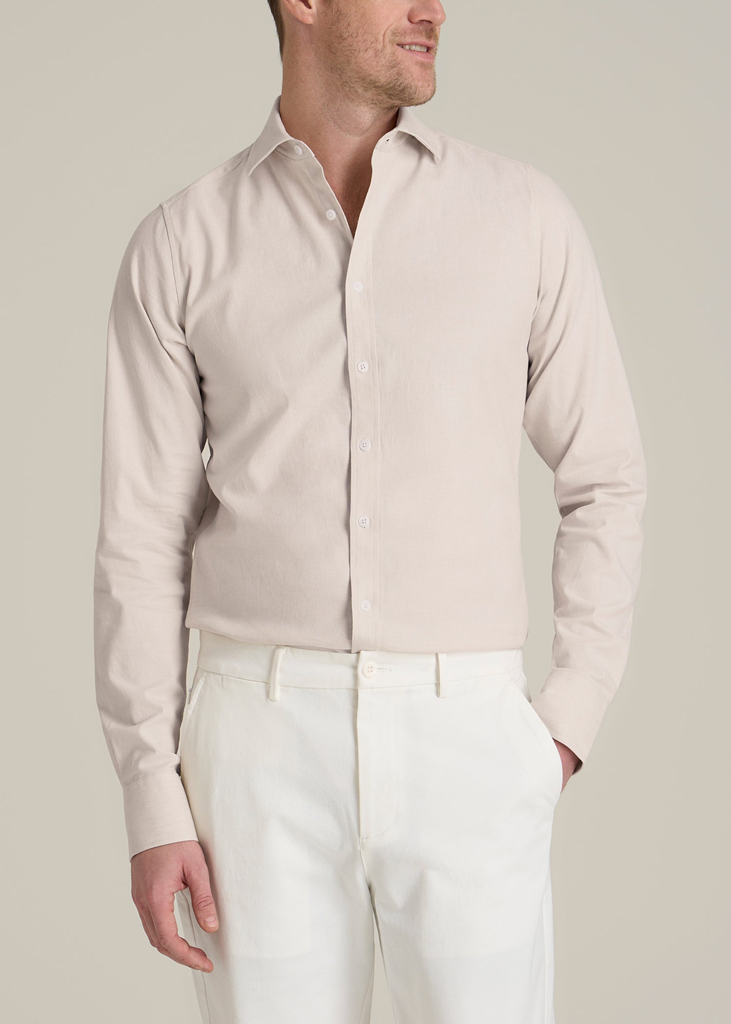 Stretch Linen Dress Shirt for Tall Men in Light Stone Mix