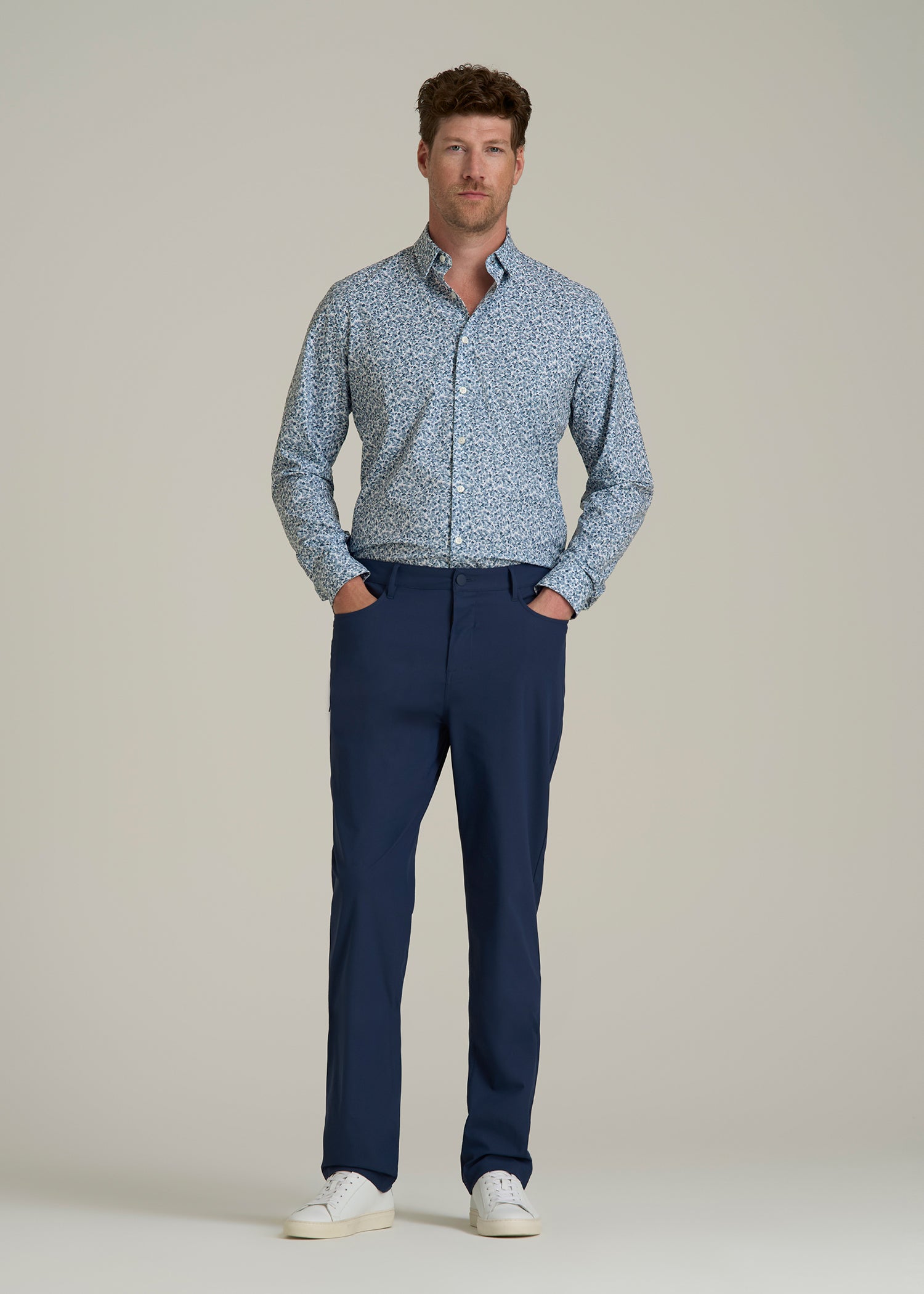 Traveler Stretch Dress Shirt for Tall Men in Blue Scattered Floral