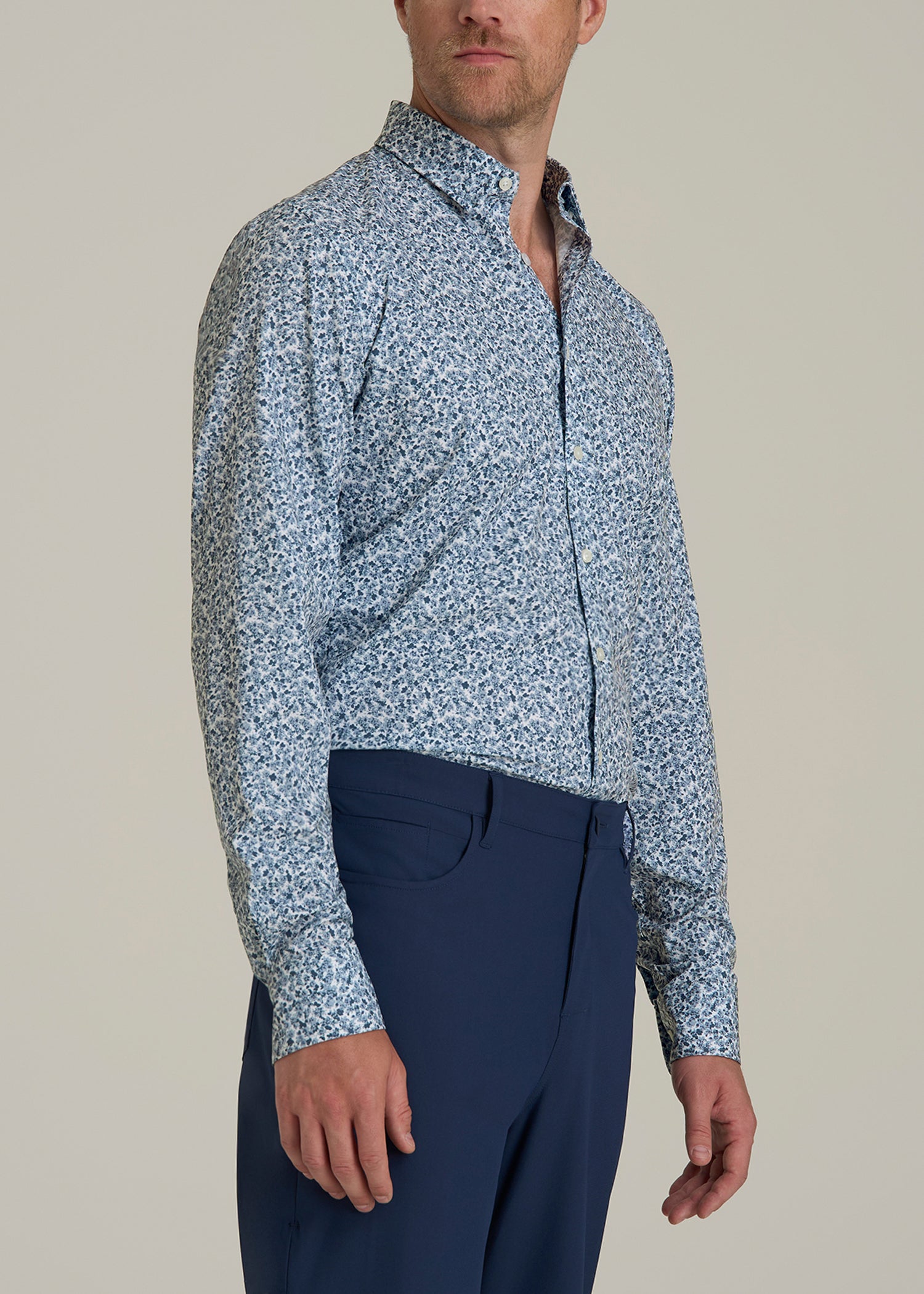 Traveler Stretch Dress Shirt for Tall Men in Blue Scattered Floral