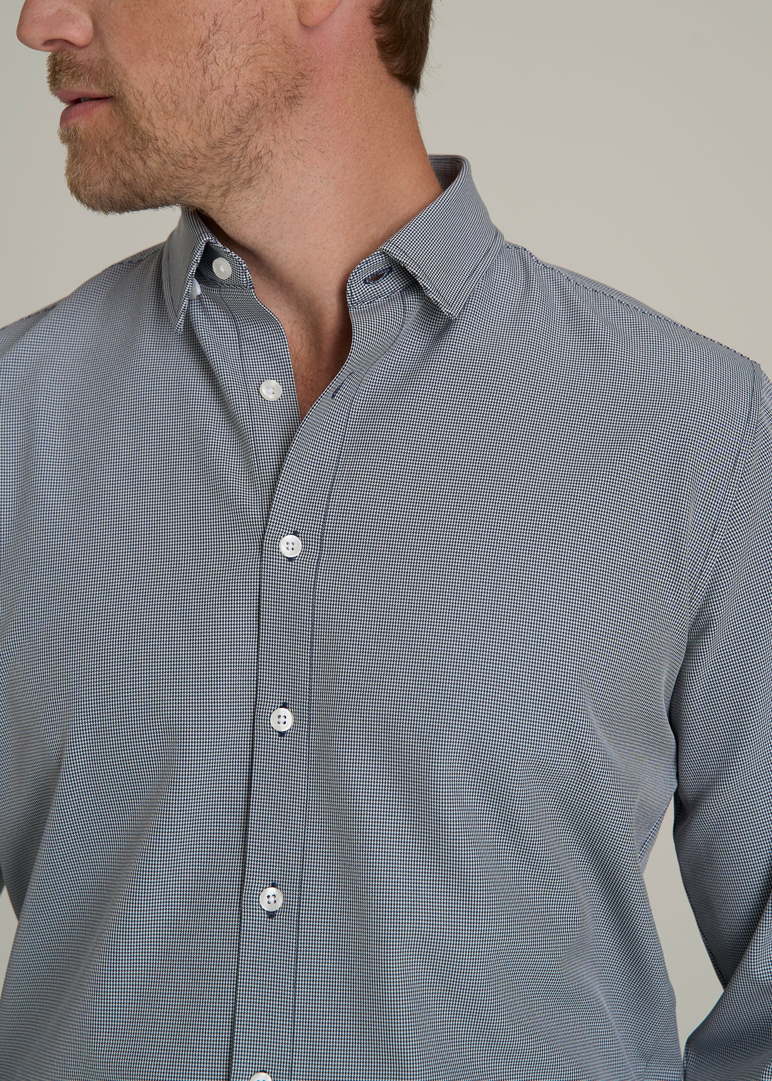 Traveler Stretch Dress Shirt for Tall Men in Navy and White Houndstooth