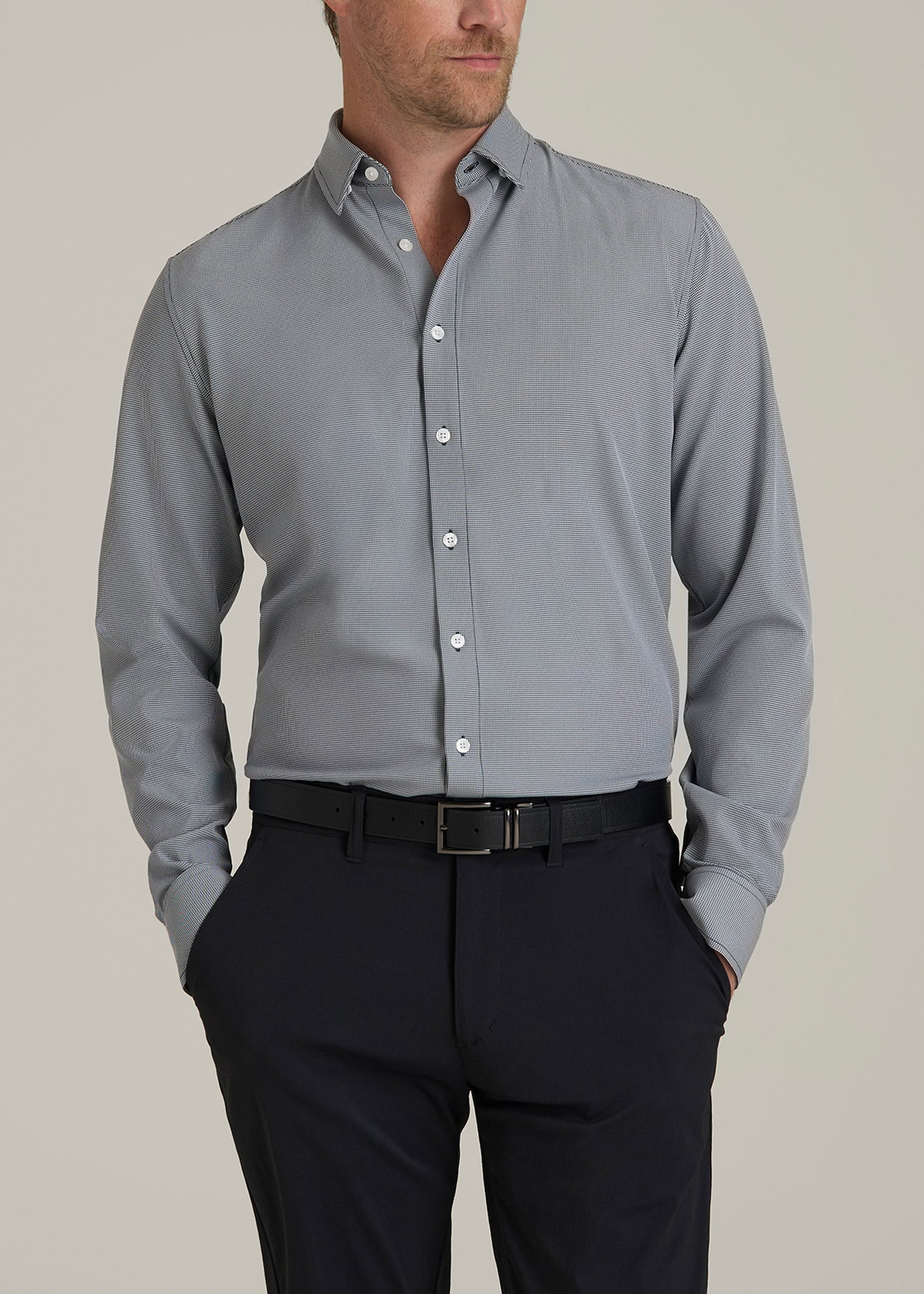 Traveler Stretch Dress Shirt for Tall Men in Navy and White Houndstooth