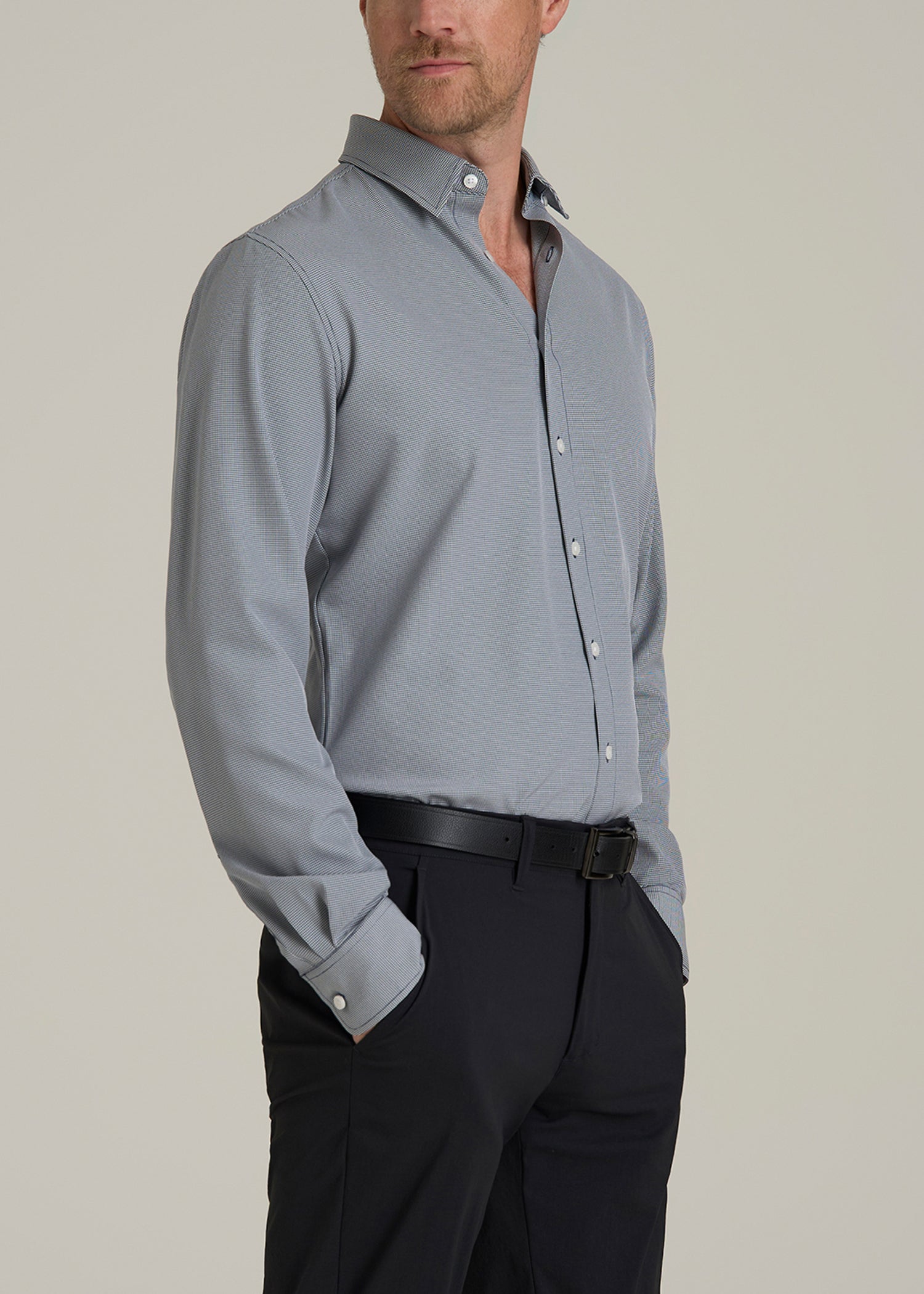 Traveler Stretch Dress Shirt for Tall Men in Navy and White Houndstooth