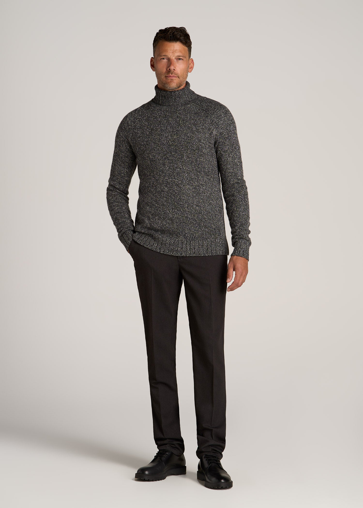 Wool Blend Marled Men's Tall Turtleneck in Charcoal Multi