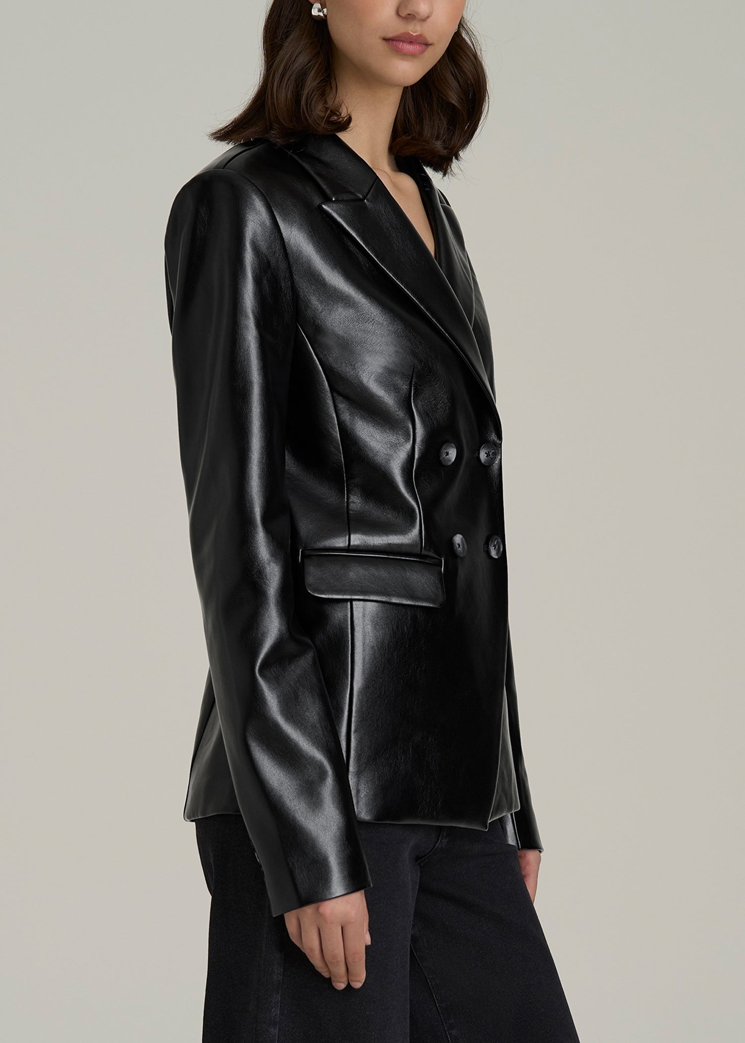 True Touch Leather Double Breasted Blazer for Tall Women in Black