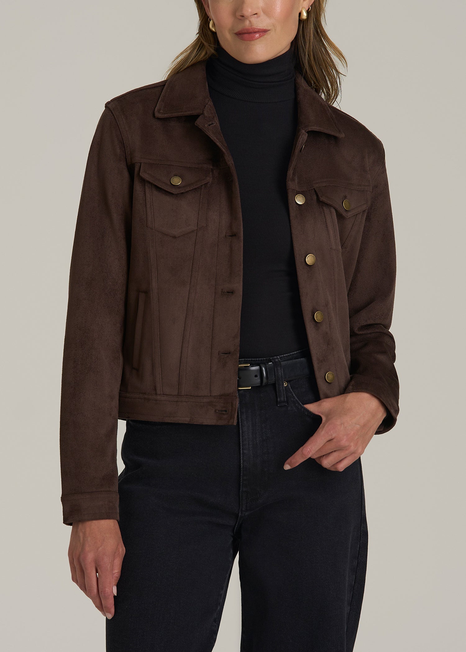 True Touch Suede Trucker Jacket for Tall Women in Espresso