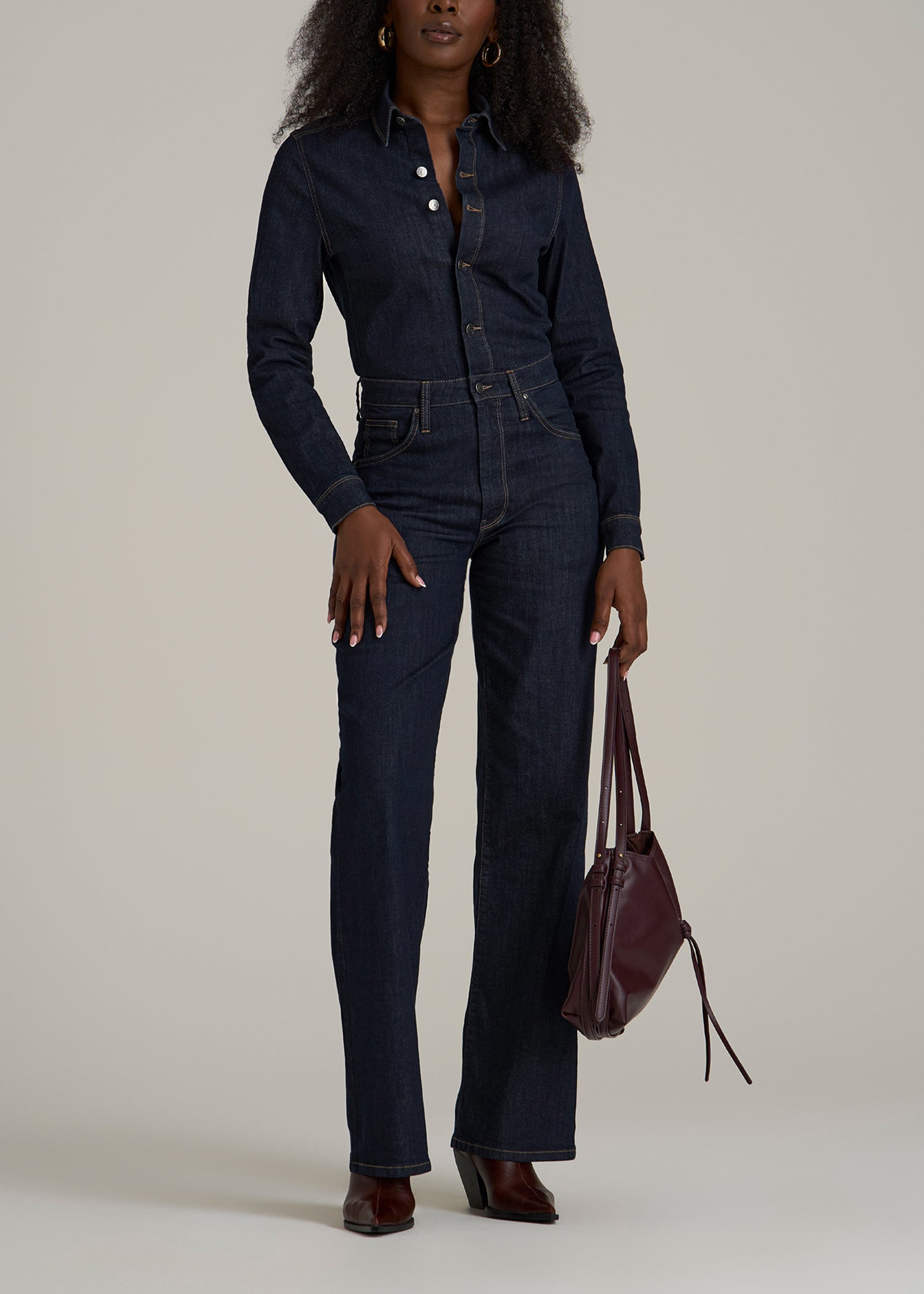 Long Sleeve Denim Jumpsuit for Tall Women in Rinse Wash