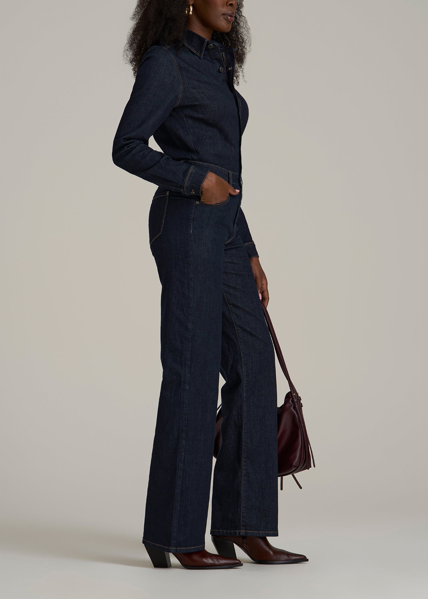 Long Sleeve Denim Jumpsuit for Tall Women in Rinse Wash