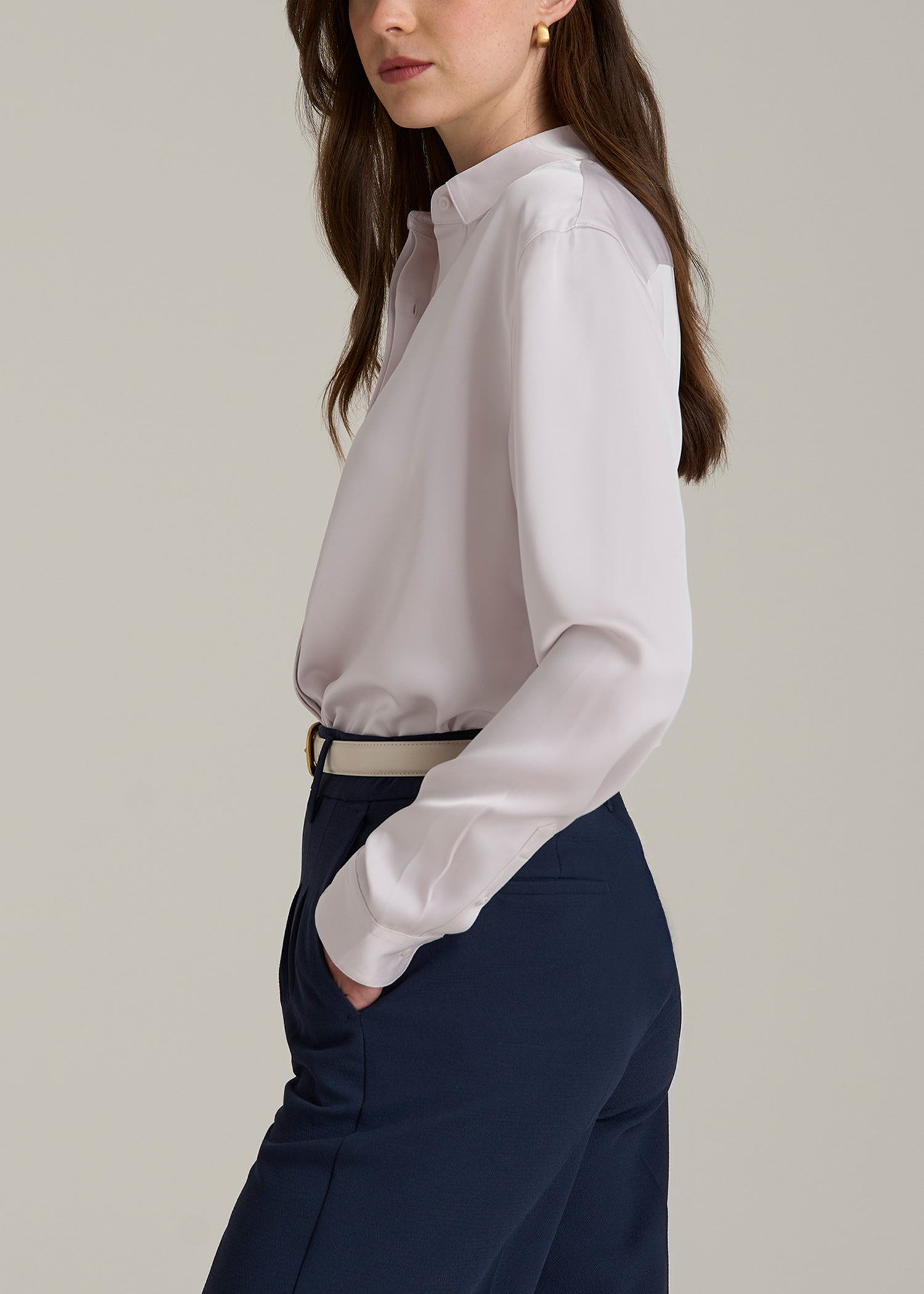 Relaxed Button Up Tall Women's Blouse in Grey Lilac