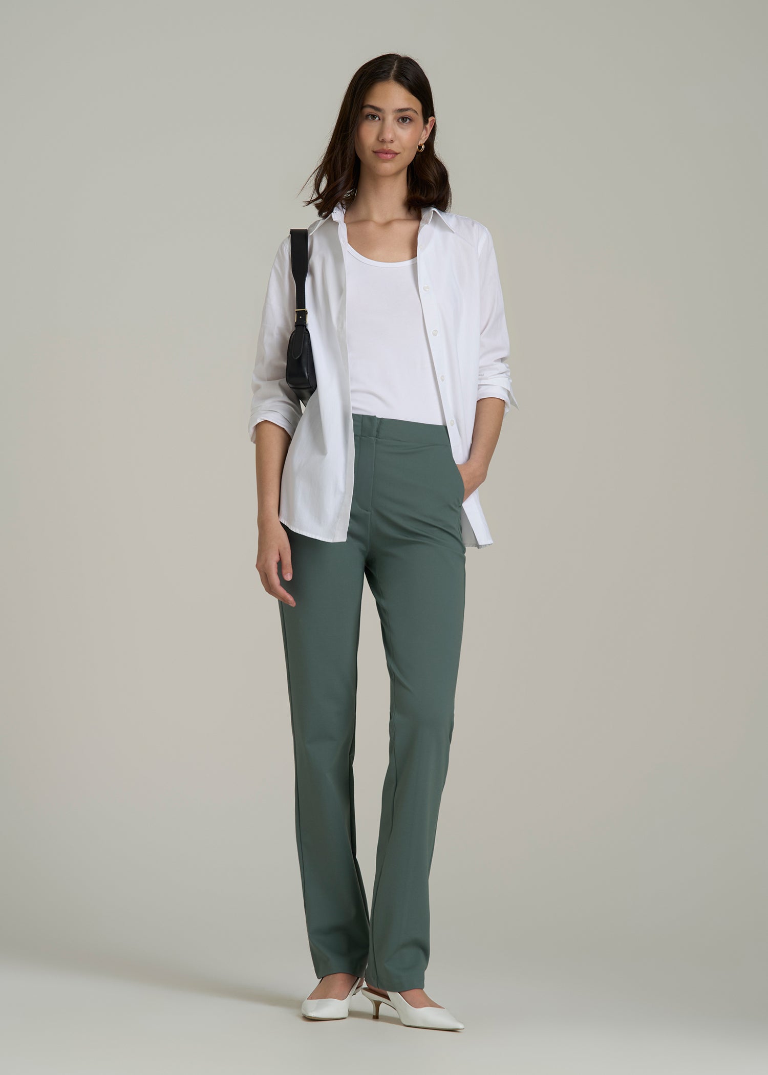 Slim Straight Leg Dress Pants for Tall Women in Balsam Green