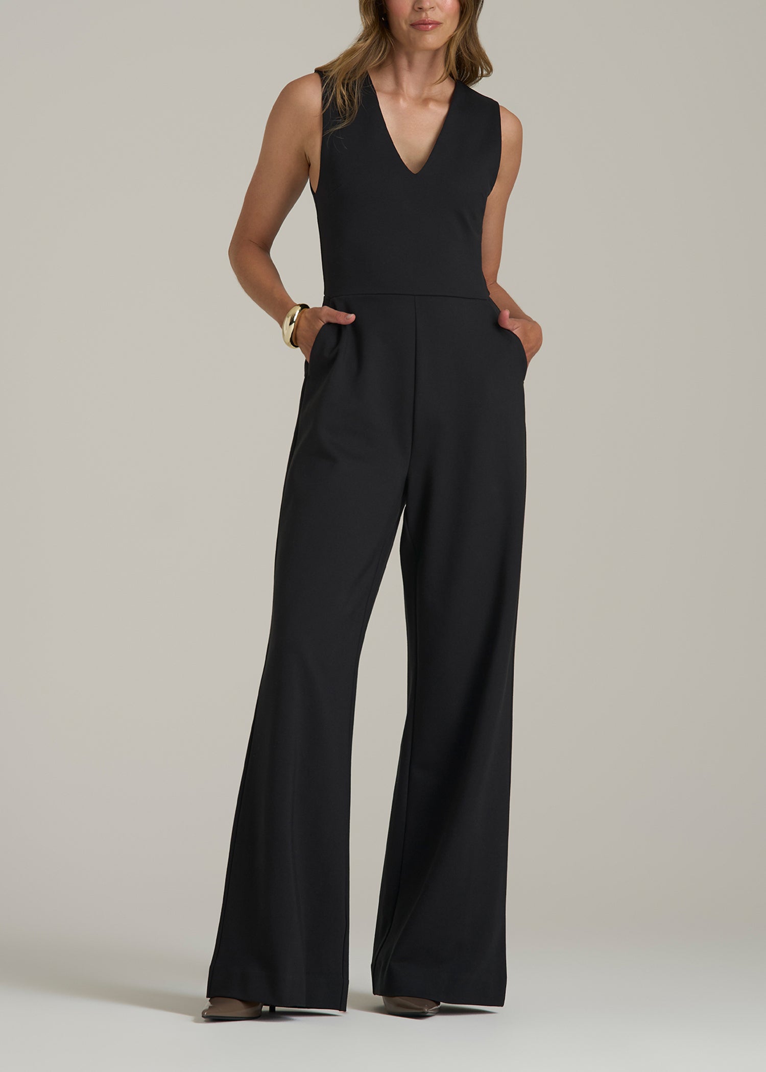 Soft Flex Ponte Wide-Leg V-Neck Jumpsuit for Tall Women in Black