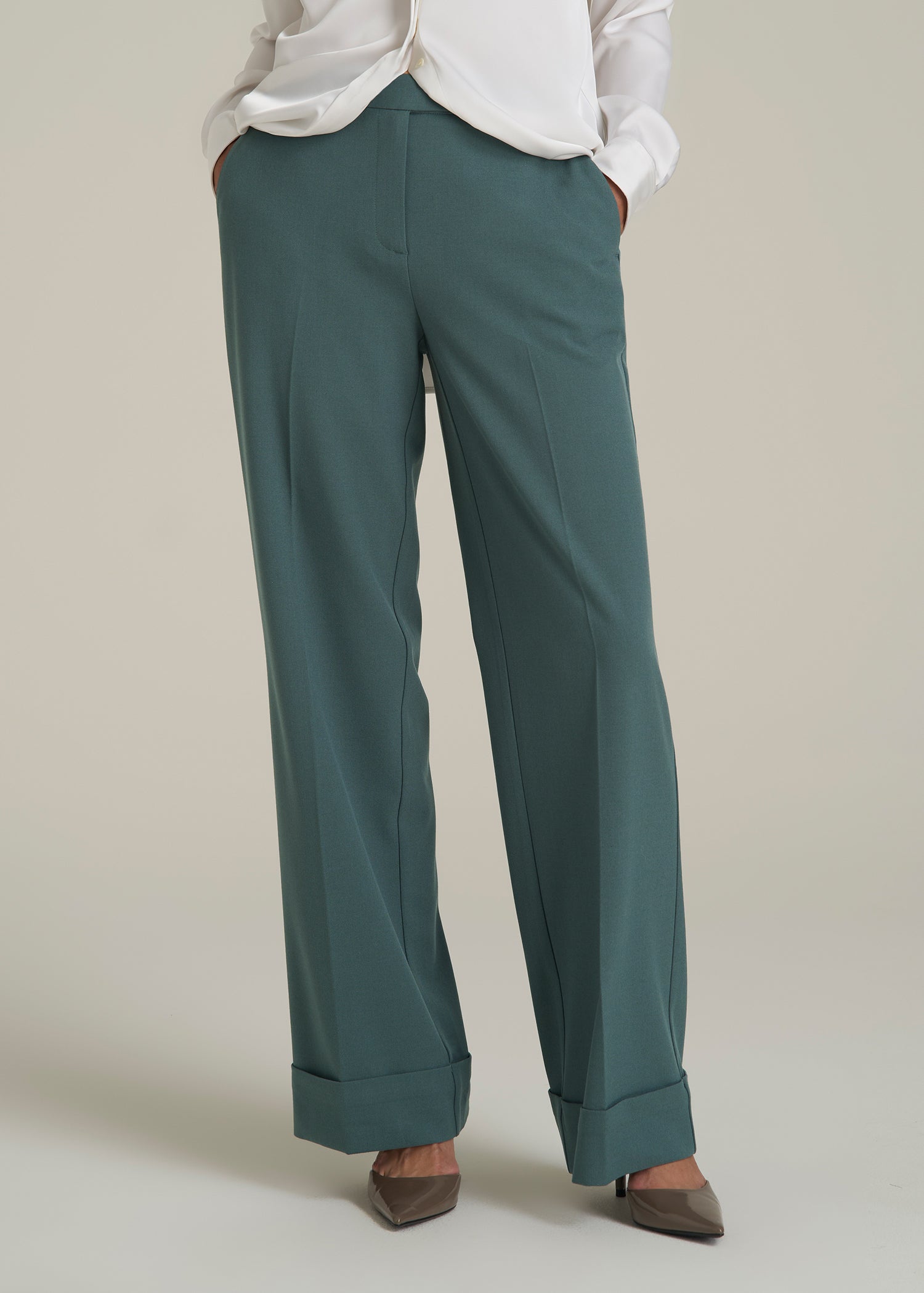 Wide-Leg Cuffed Pants for Tall Women in Balsam Green