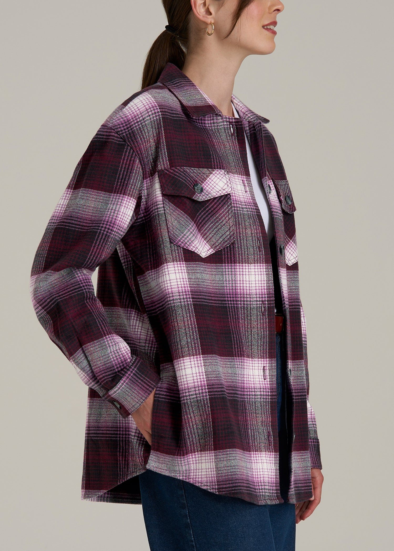 Flannel Shacket for Tall Women in Tawny Port Plaid